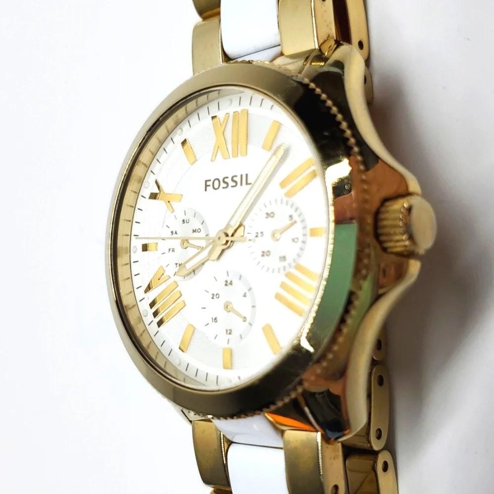 Fossil Watch AM4645 Gold White Two Tone Wristband White Face Chronograph